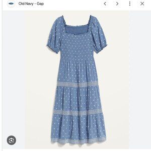 Old Navy Puff-Sleeve Smocked Printed Embroidered Fit & Flare Chambray Midi Dress